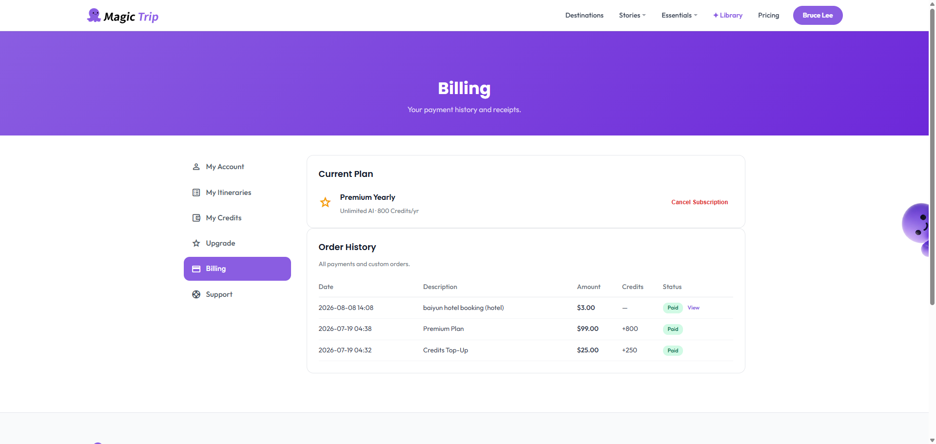 The billing page