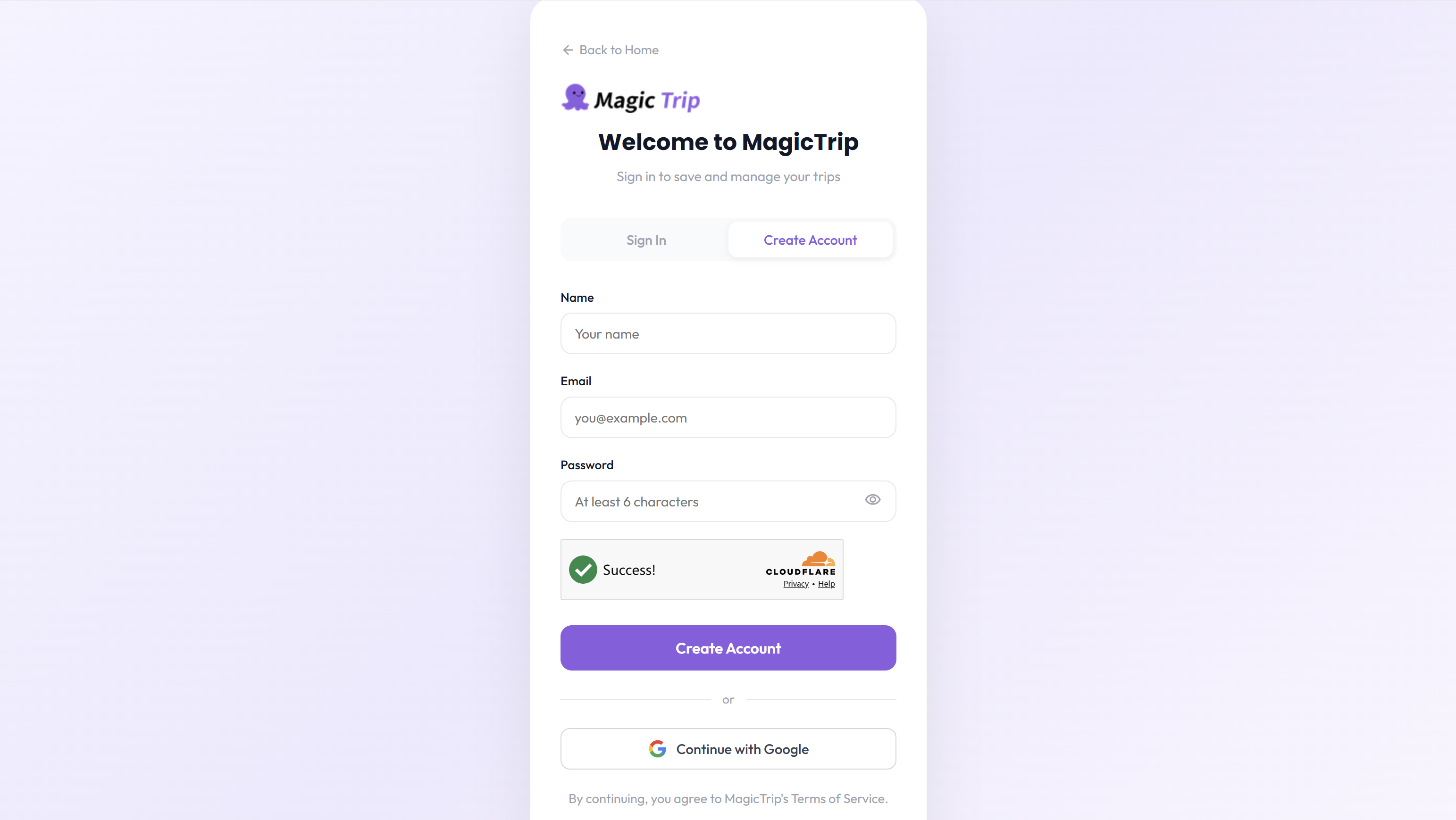 The register form with name, email and password fields