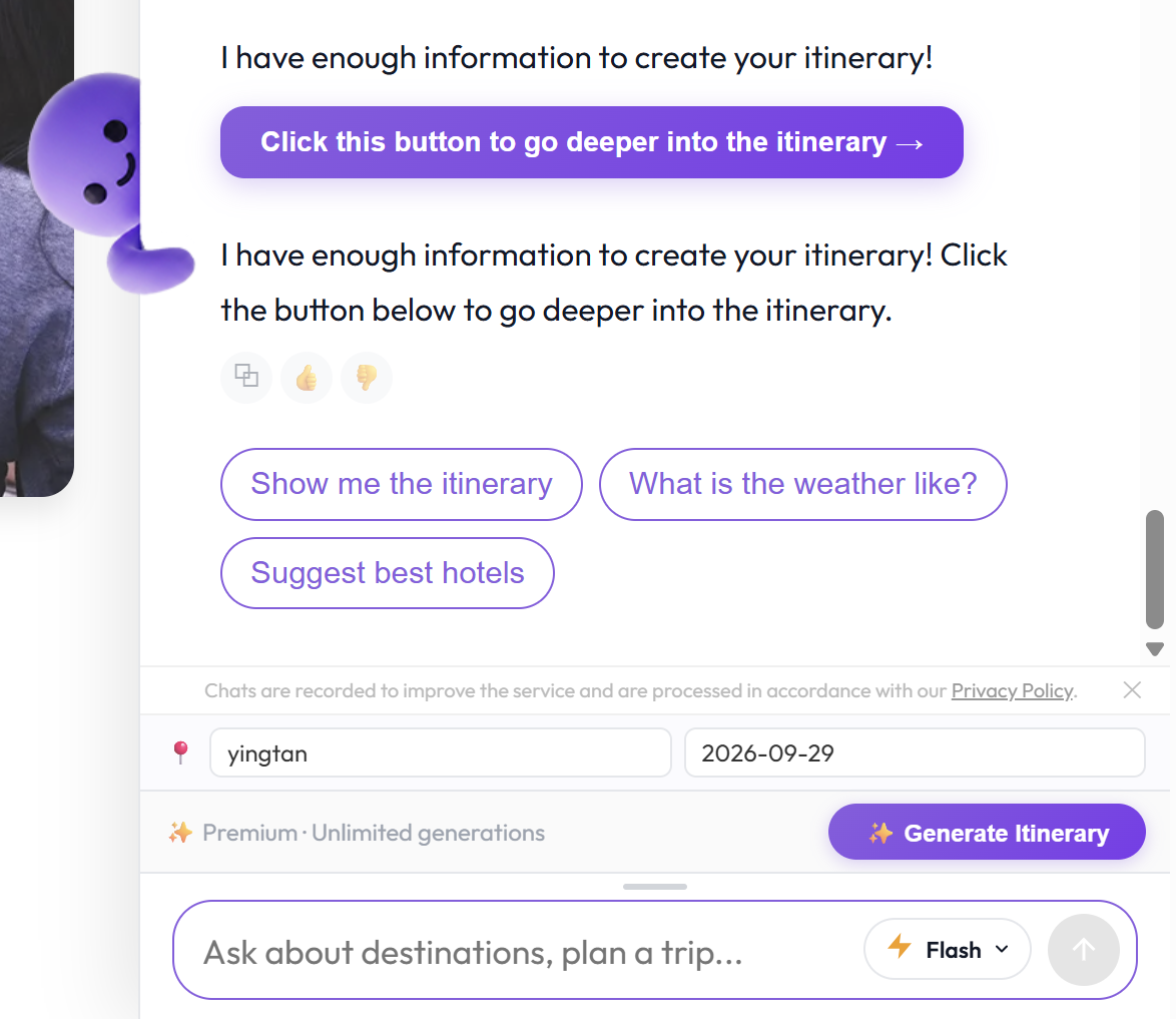 The Generate Itinerary button below the chat