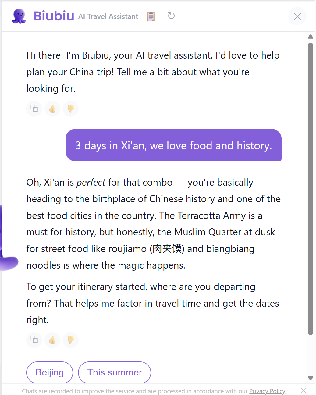 Asking Biubiu for a 3-day Xi'an trip