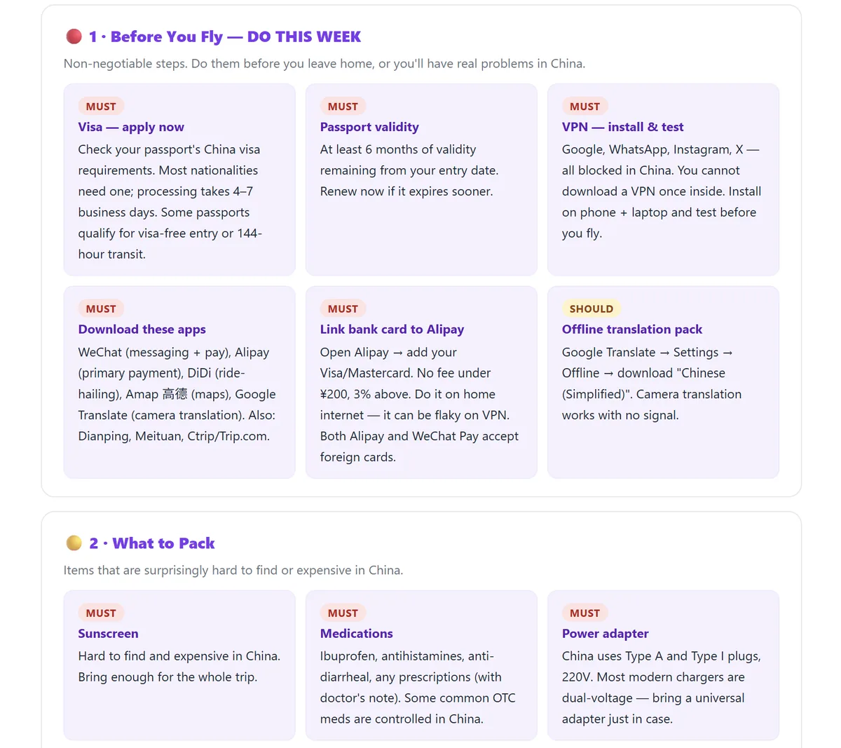 A second page of the exported itinerary