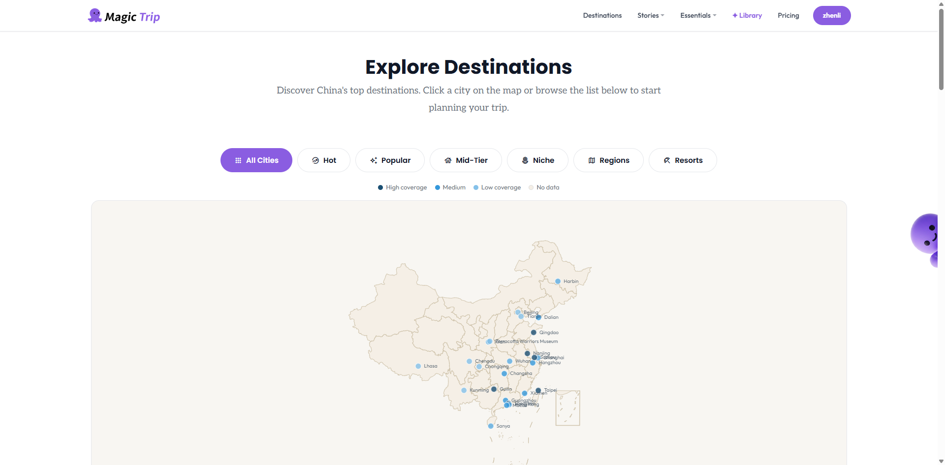 The destinations index page