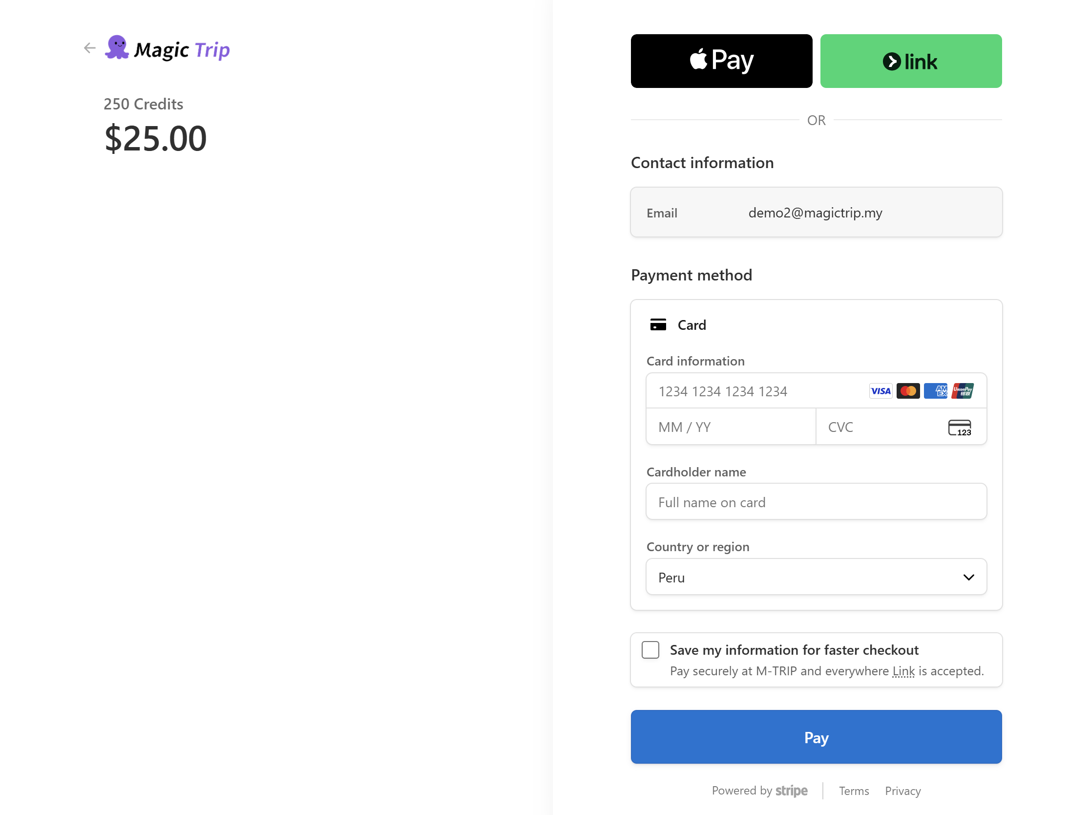 The Stripe checkout where the decline appears