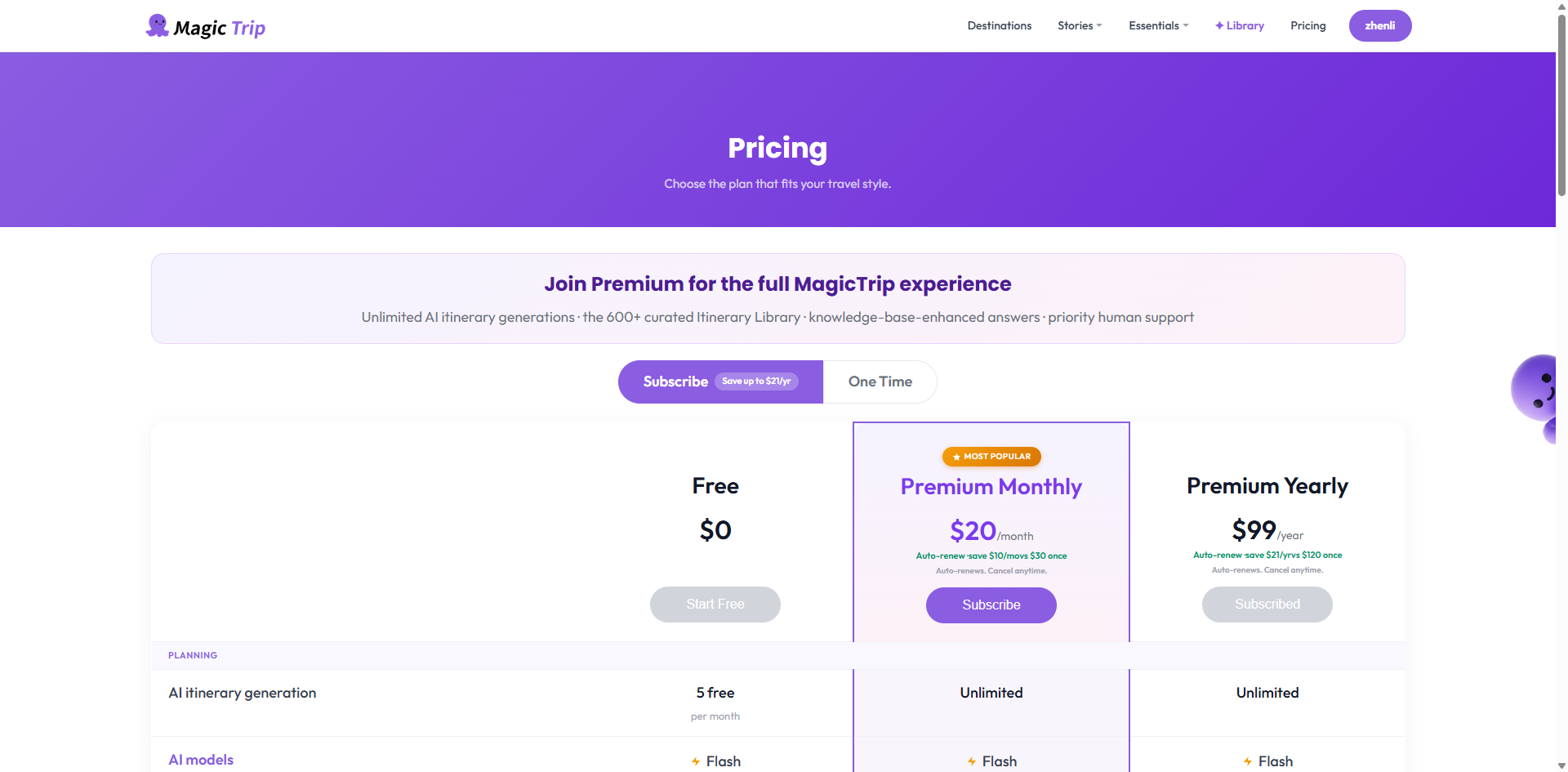 The Subscribe / One Time tabs on the pricing page