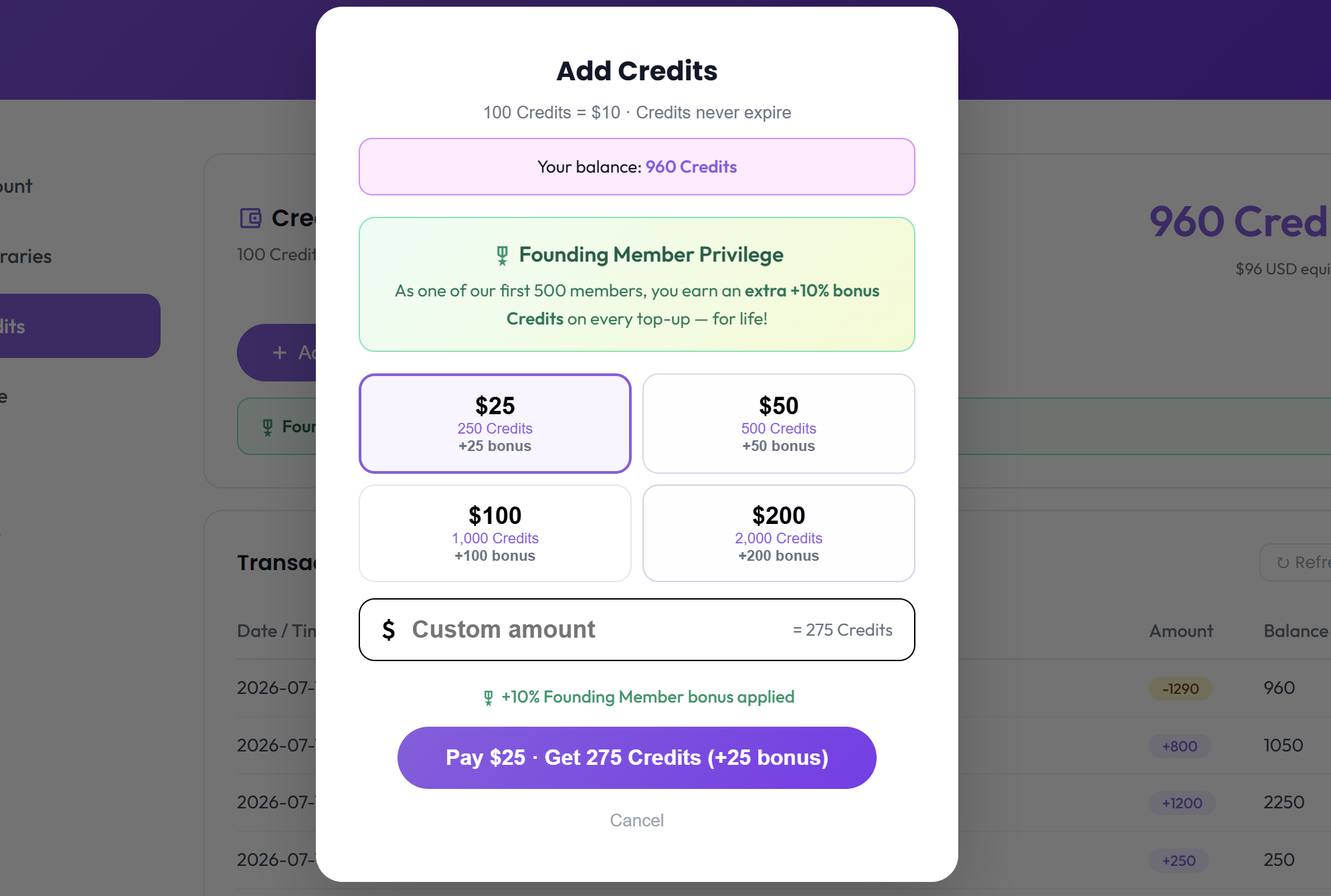 The add credits page