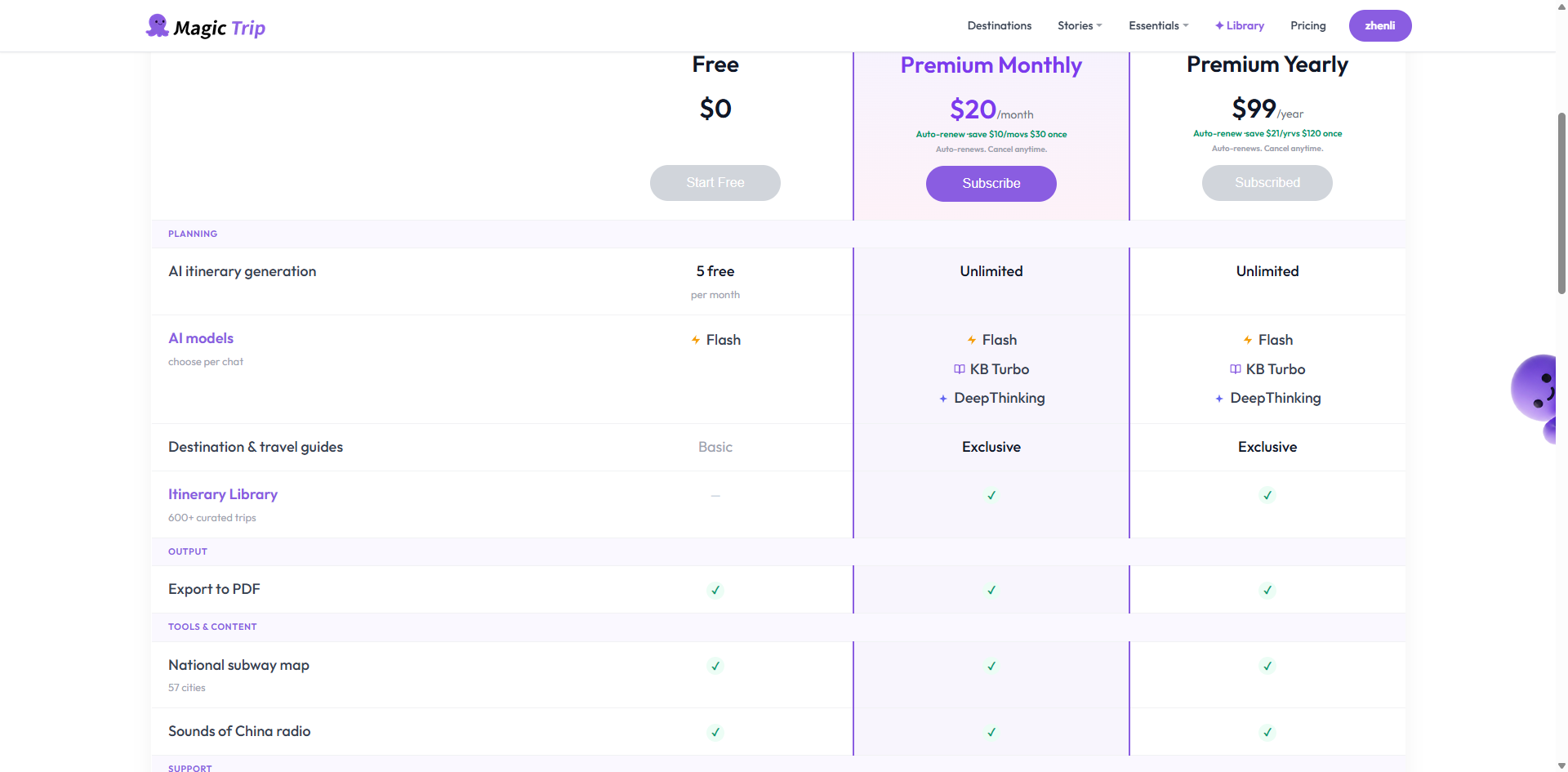 The plan comparison on the pricing page